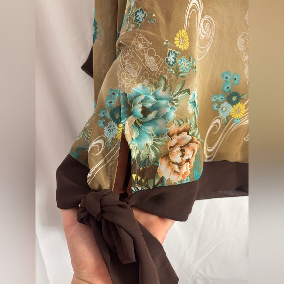 VTG Y2K Brown Floral Boho Batwing Sleeve Kimono Blouse with Waist Tie Size L - Picture 10 of 15